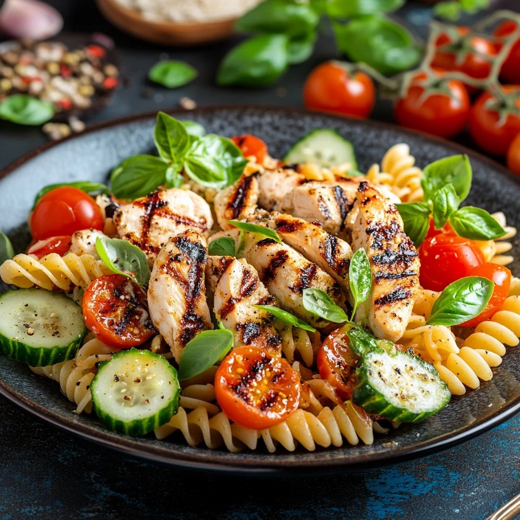 Grilled chicken pasta salad with vibrant vegetables and balsamic vinaigrette dressing