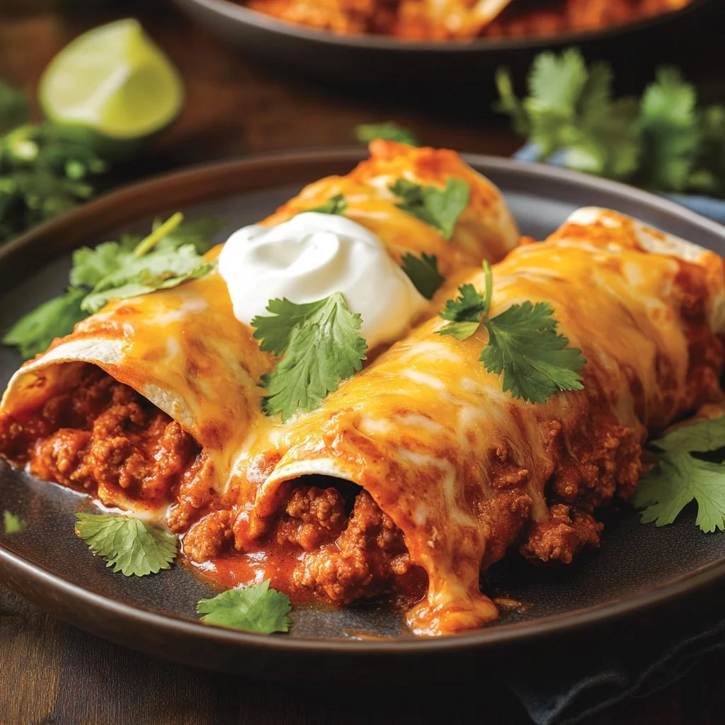 Plate of ground beef enchiladas with cheese and sauce