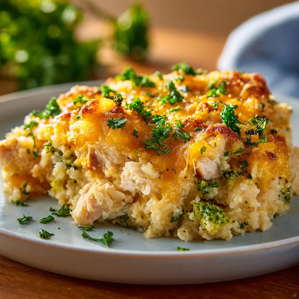 Healthy chicken and cauliflower casserole dish topped with cheese