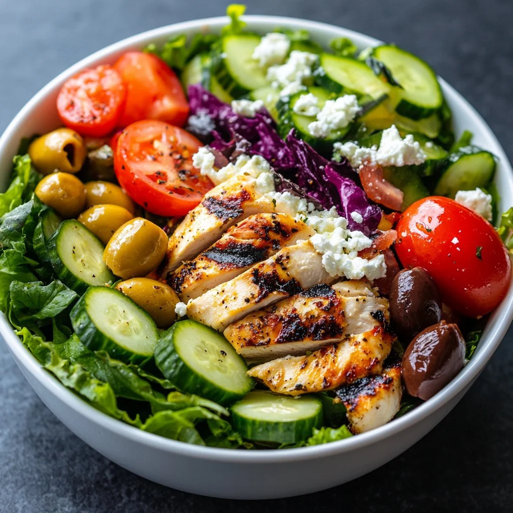Healthy Greek salad with chicken, fresh vegetables, feta cheese, and olives.
