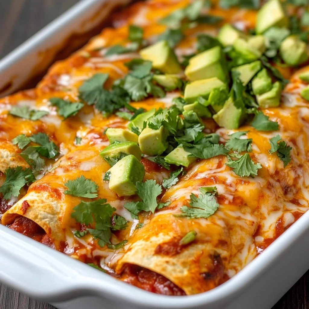 Healthy low calorie chicken enchiladas garnished with fresh herbs