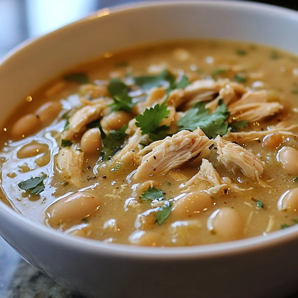 Bowl of healthy white chicken chili topped with cilantro and jalapeños
