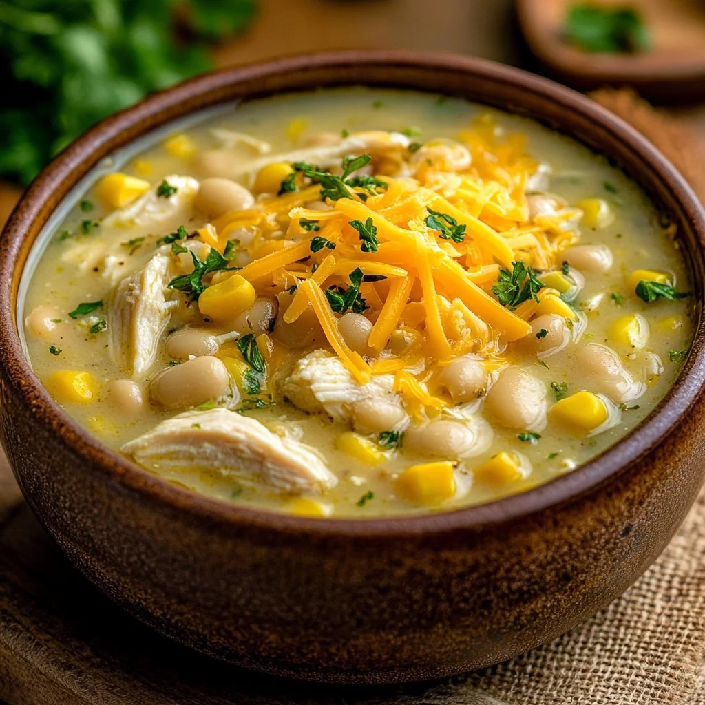 Bowl of healthy white chicken chili topped with fresh herbs and garnishes.