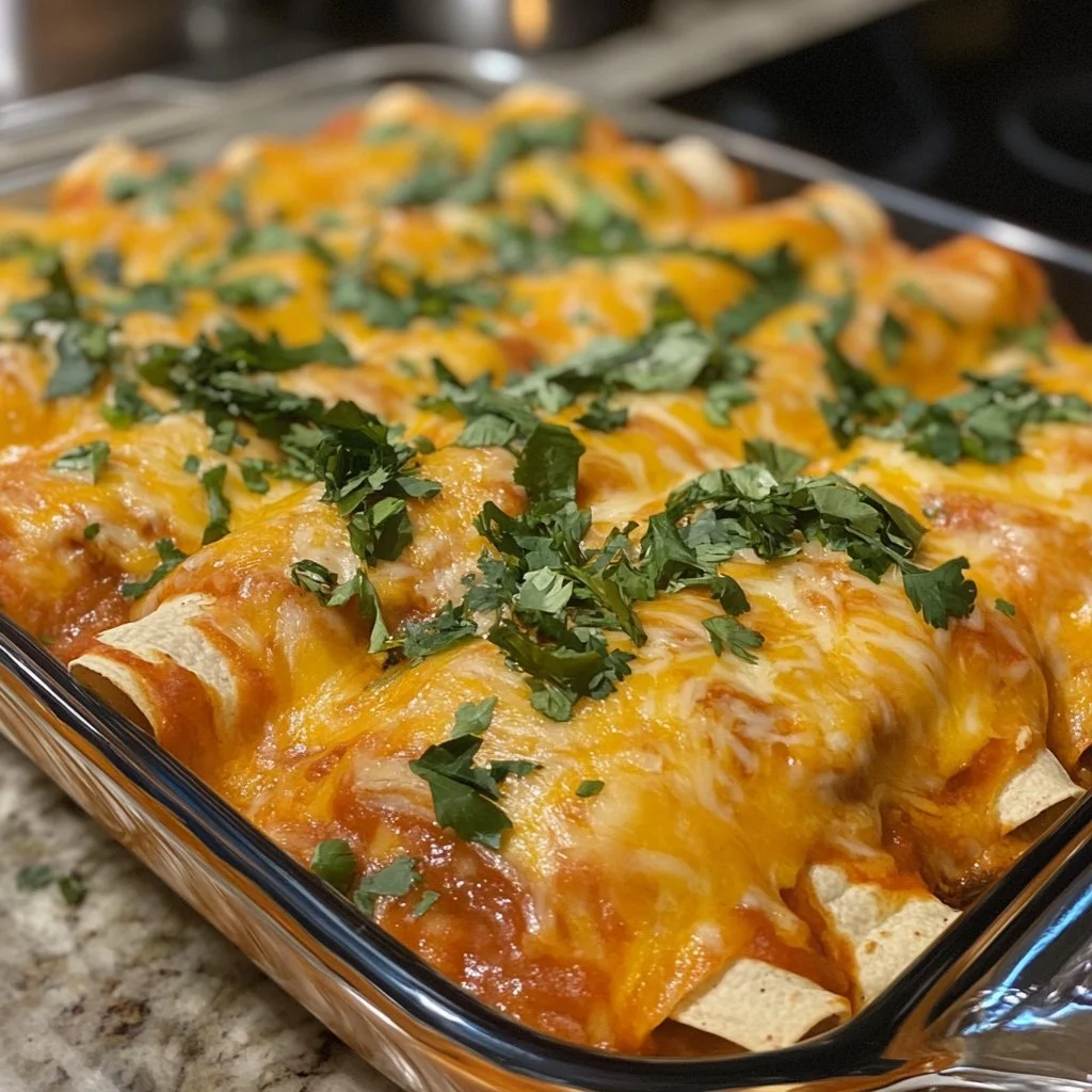 Plate of homemade easy chicken enchiladas topped with cheese and cilantro