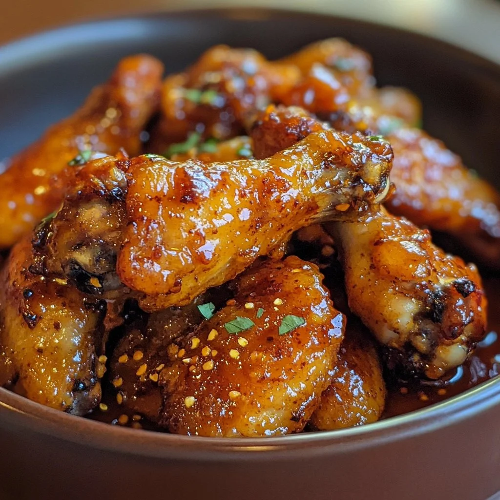 Plate of savory Honey Garlic Chicken Wings glazed in sweet and sticky sauce