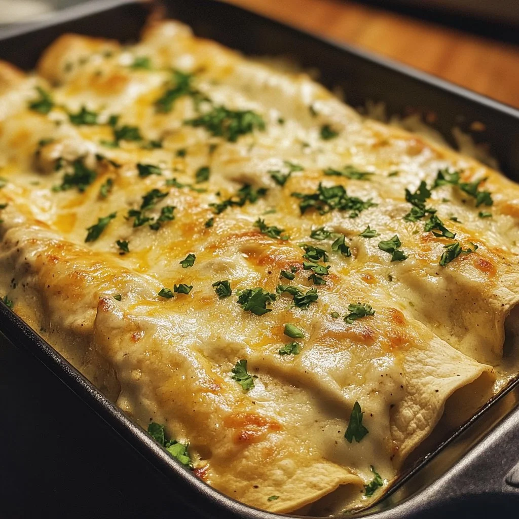 Delicious white chicken creamy enchiladas topped with cheese and fresh herbs.