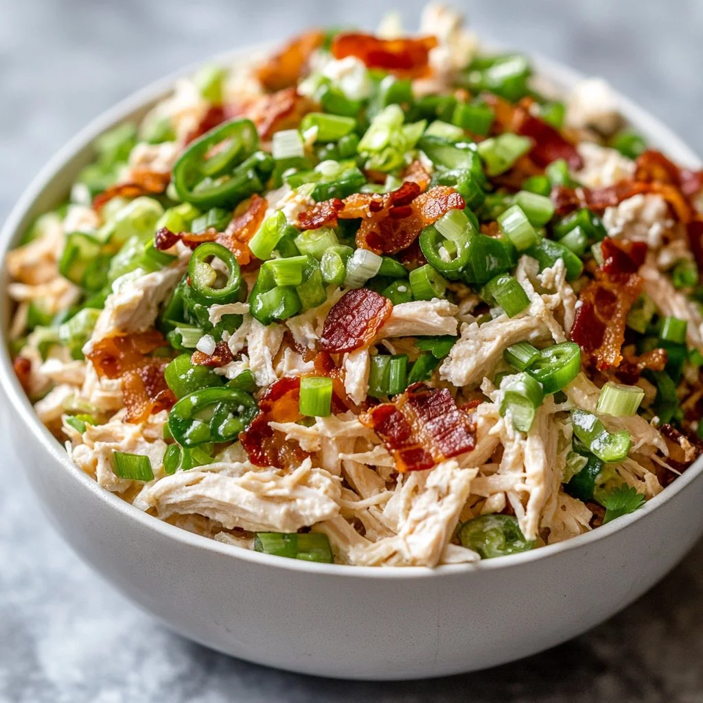 Delicious Jalapeño Popper Chicken Salad served in a bowl with fresh ingredients.