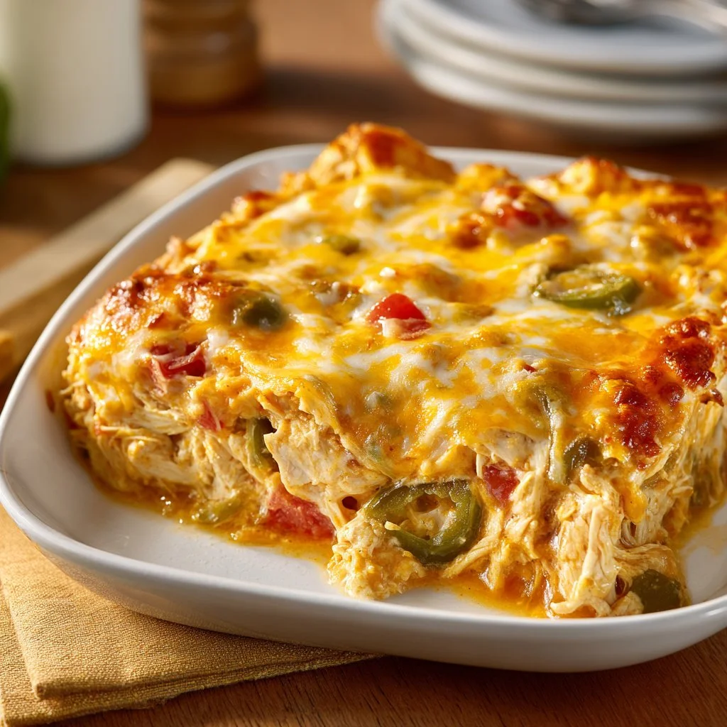 Delicious King Ranch Chicken dish ready to serve, featuring cheese and tortilla layers.