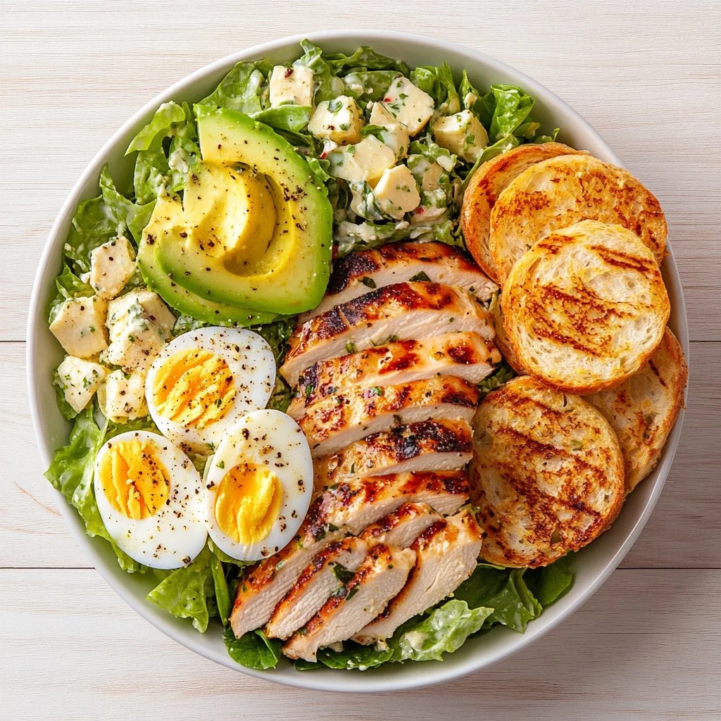 Lean Chicken and Avocado Caesar Delight Salad with fresh greens and dressing