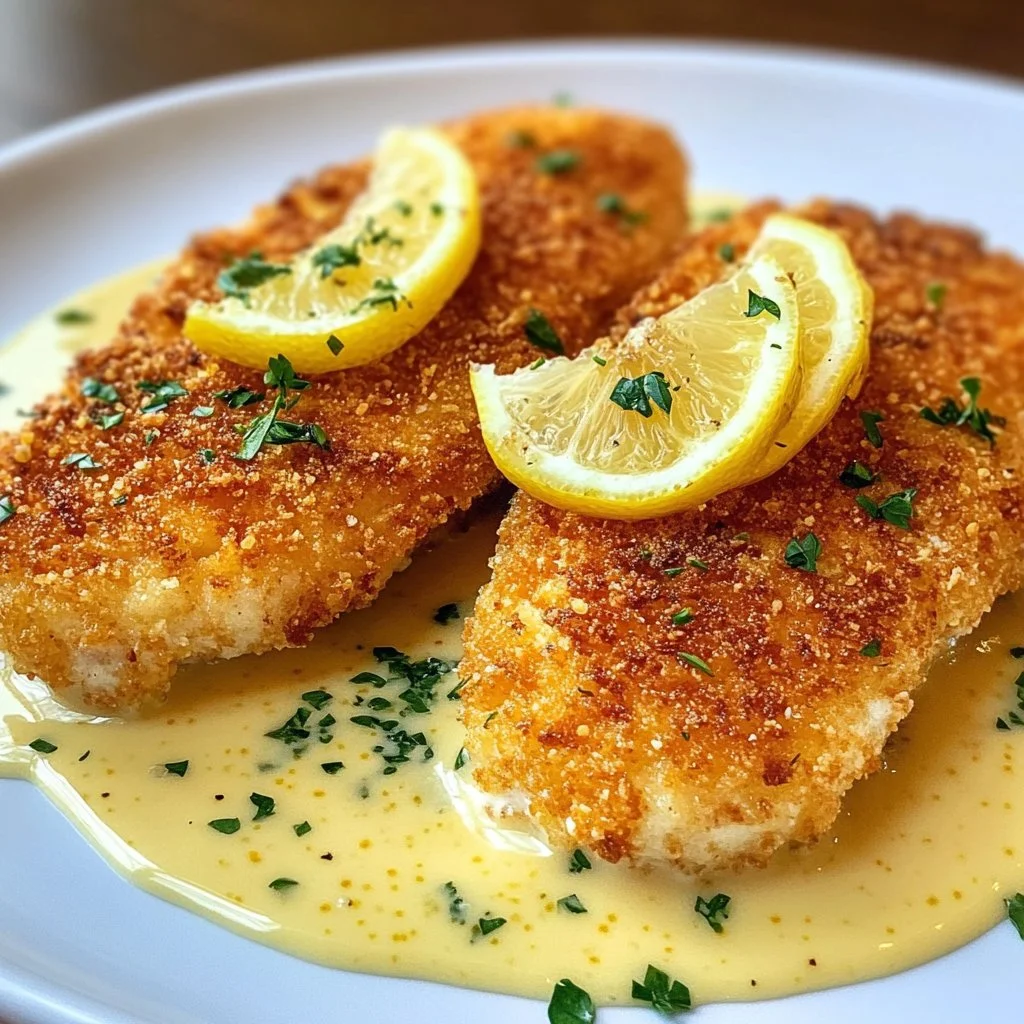 Lemon Pecorino Crusted Chicken served with creamy lemon sauce