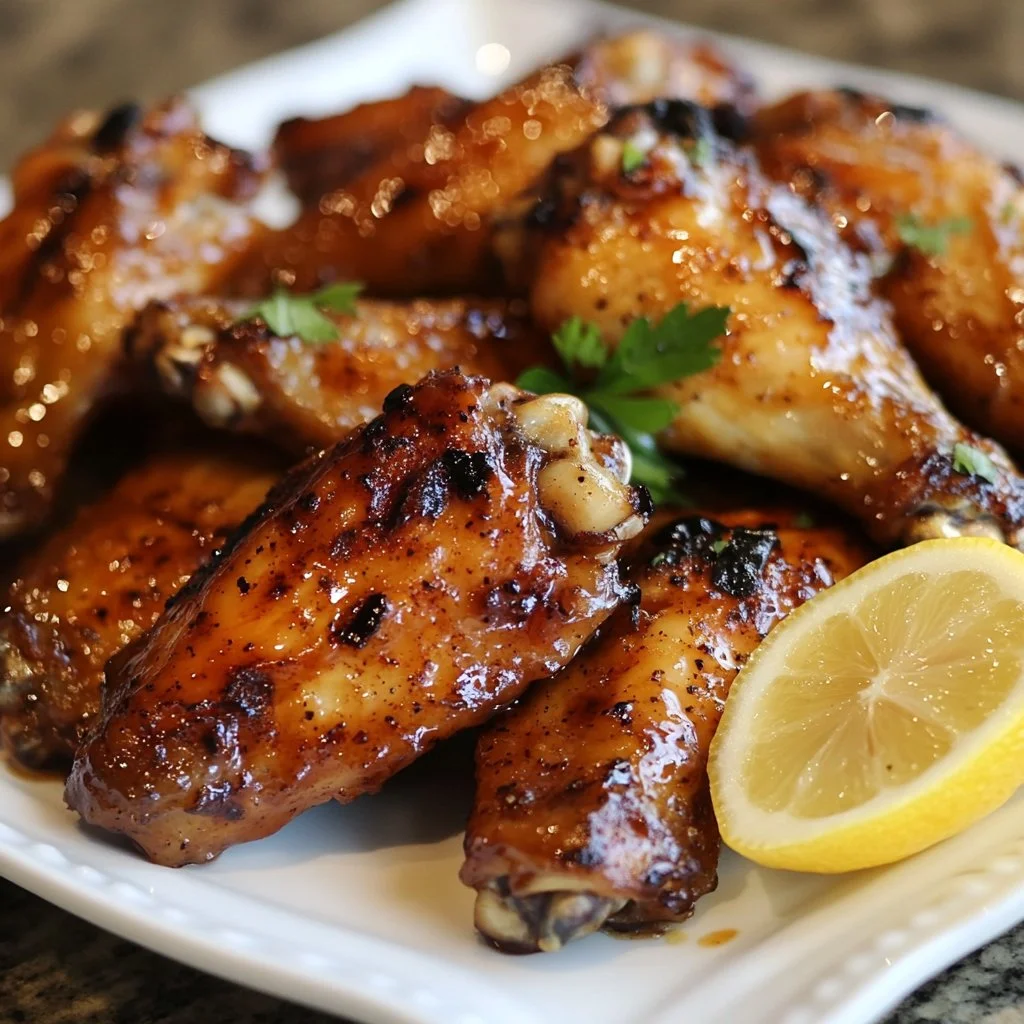 Crispy lemon pepper wings garnished with lemon slices and herbs