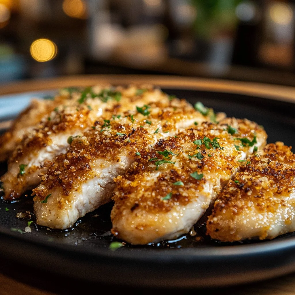 Delicious Parmesan Crusted Chicken from Longhorn Steakhouse served with sides.