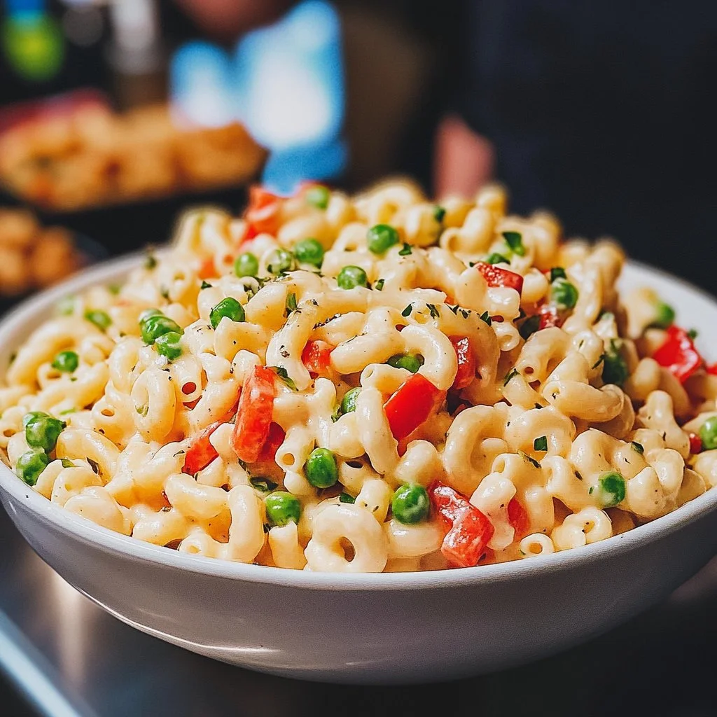 Delicious homemade macaroni salad served in a bowl with fresh vegetables