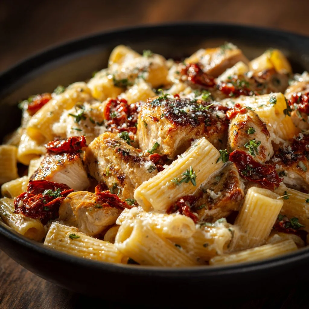 Plate of Marry Me Chicken Pasta featuring creamy sauce and herbs.