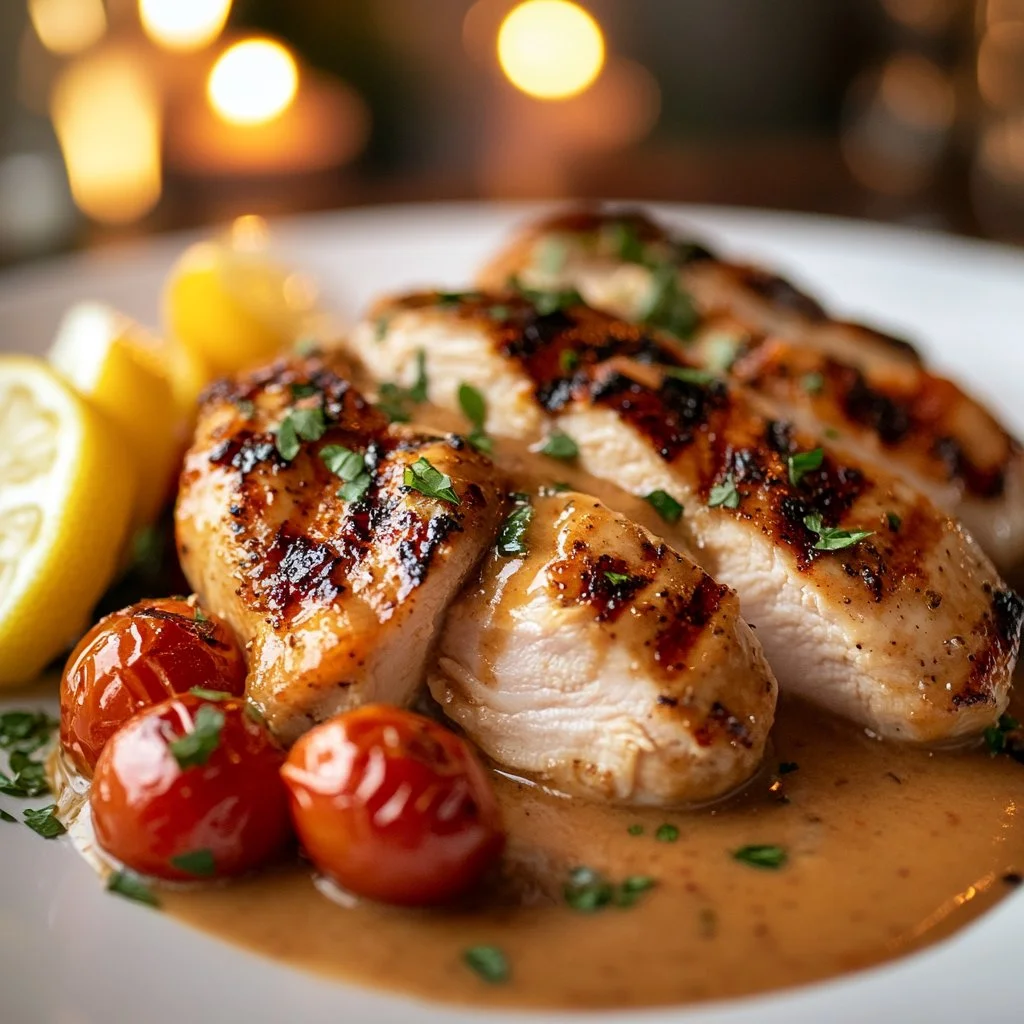 Melt-in-your-mouth Caesar Chicken plated with fresh ingredients and creamy dressing