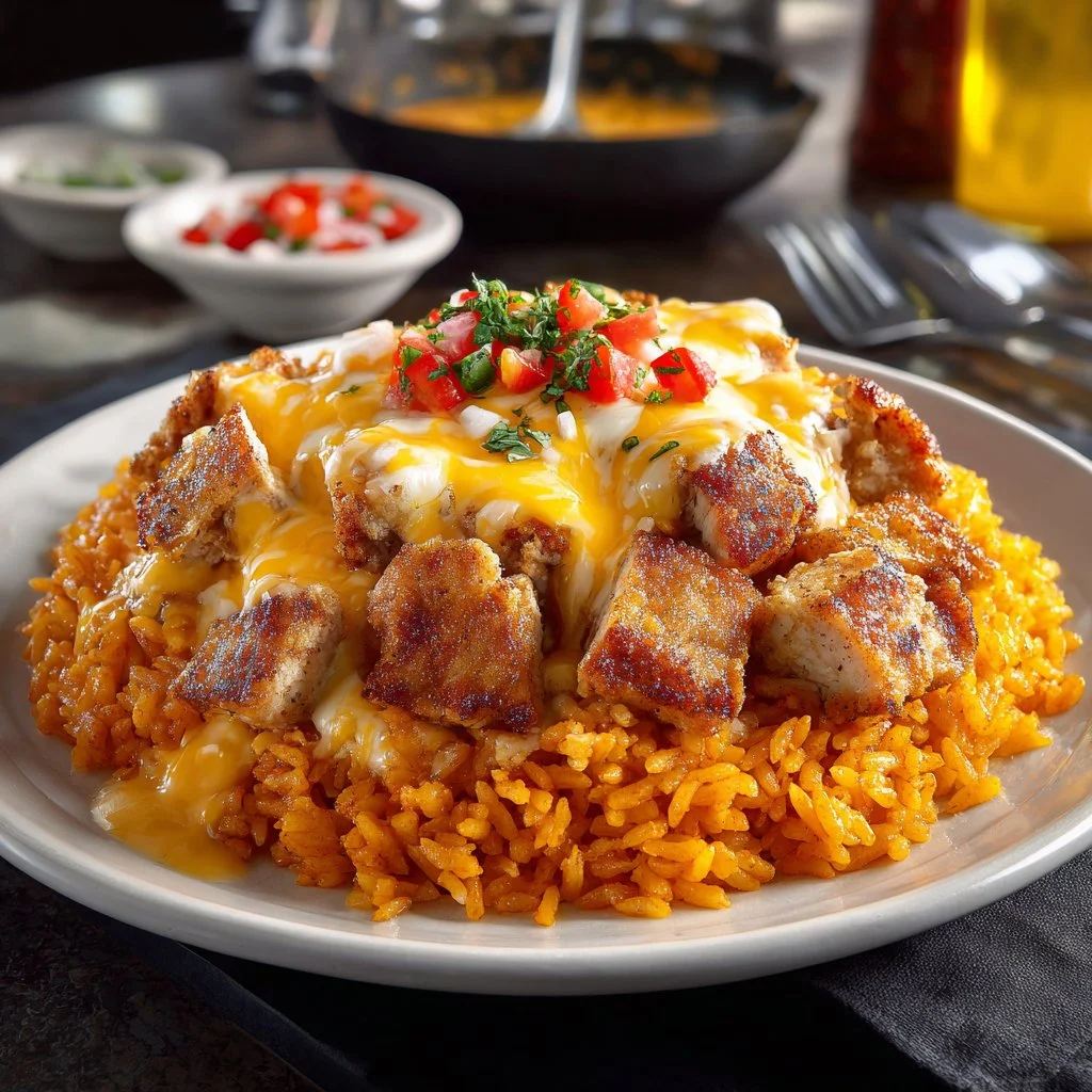 Delicious Mexican Cheesy Chicken and Rice served in a bowl
