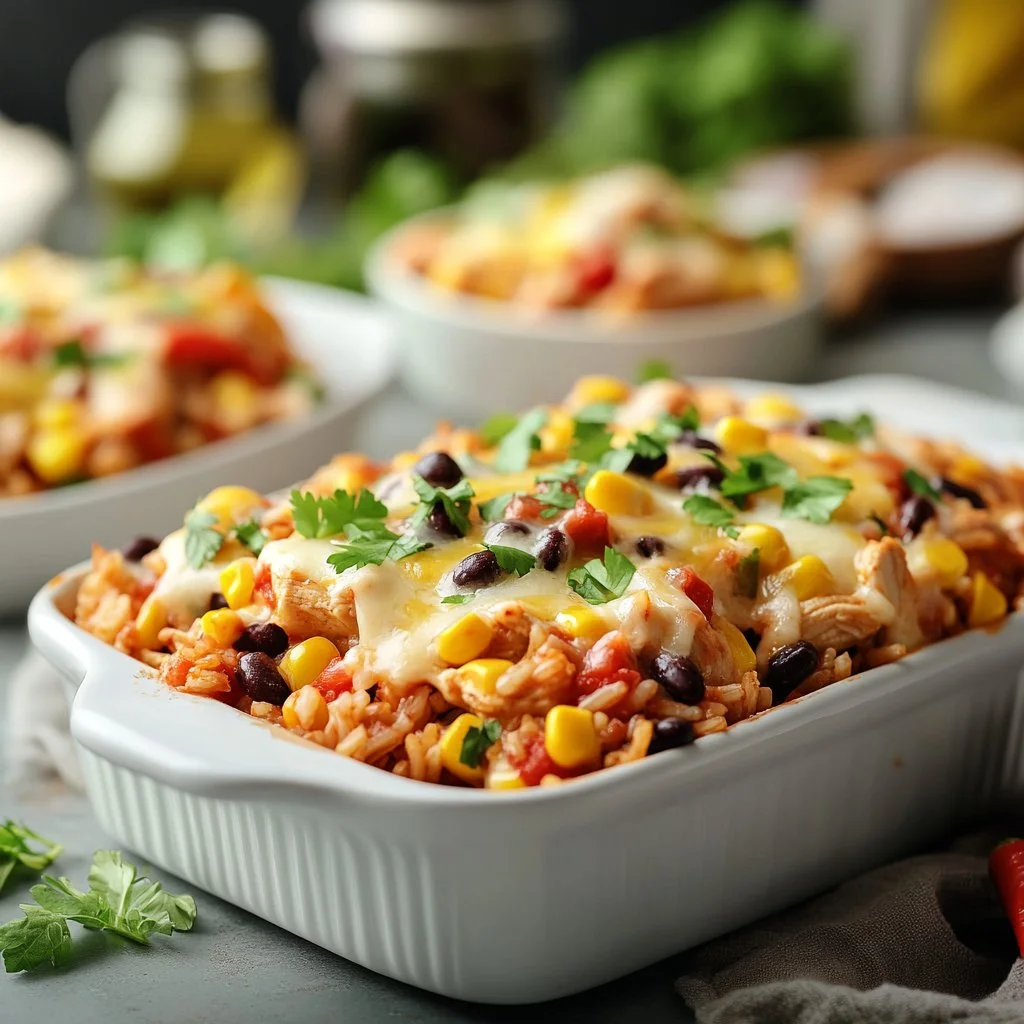 Mexican chicken rice casserole with melted cheese and colorful veggies
