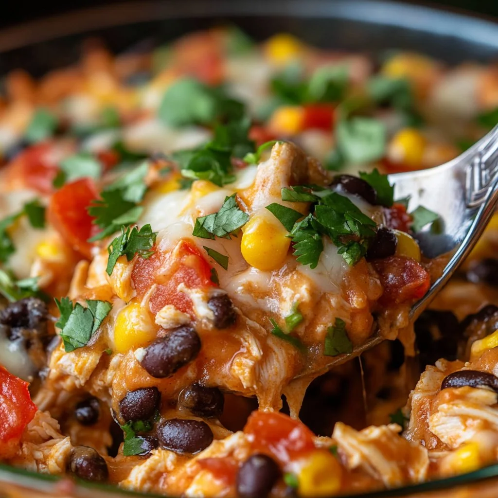 Delicious Mexican chicken casserole topped with cheese and spices