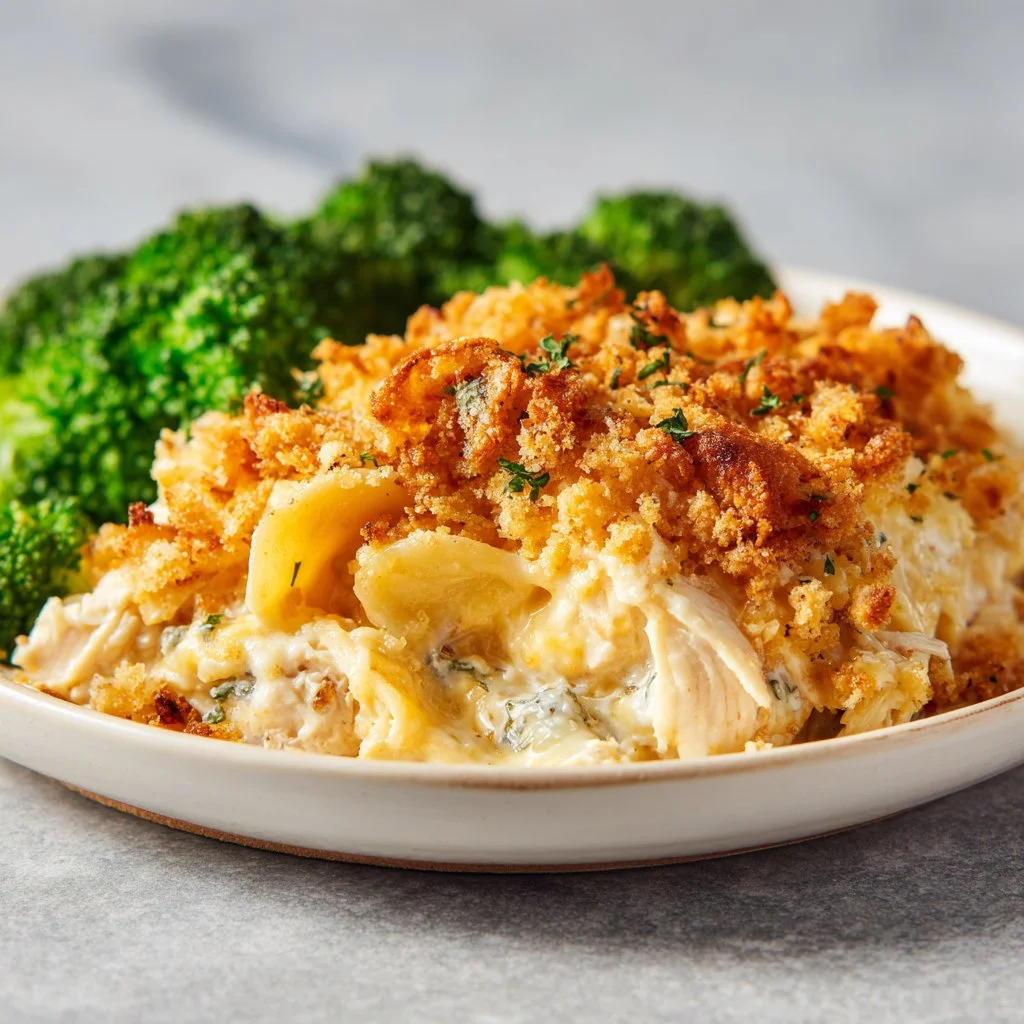 Delicious Million Dollar Chicken Casserole served in a baking dish