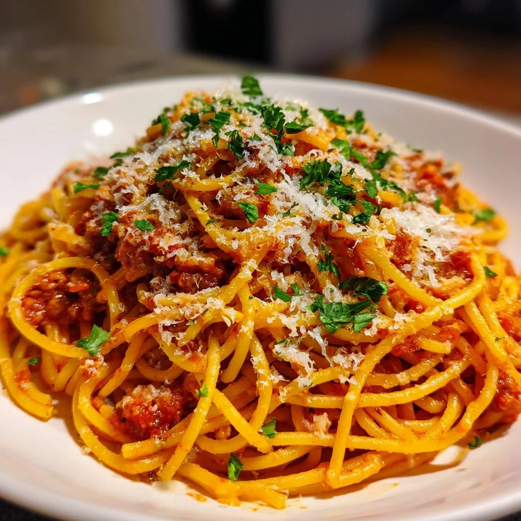 Plate of Million Dollar Spaghetti garnished with herbs and cheese