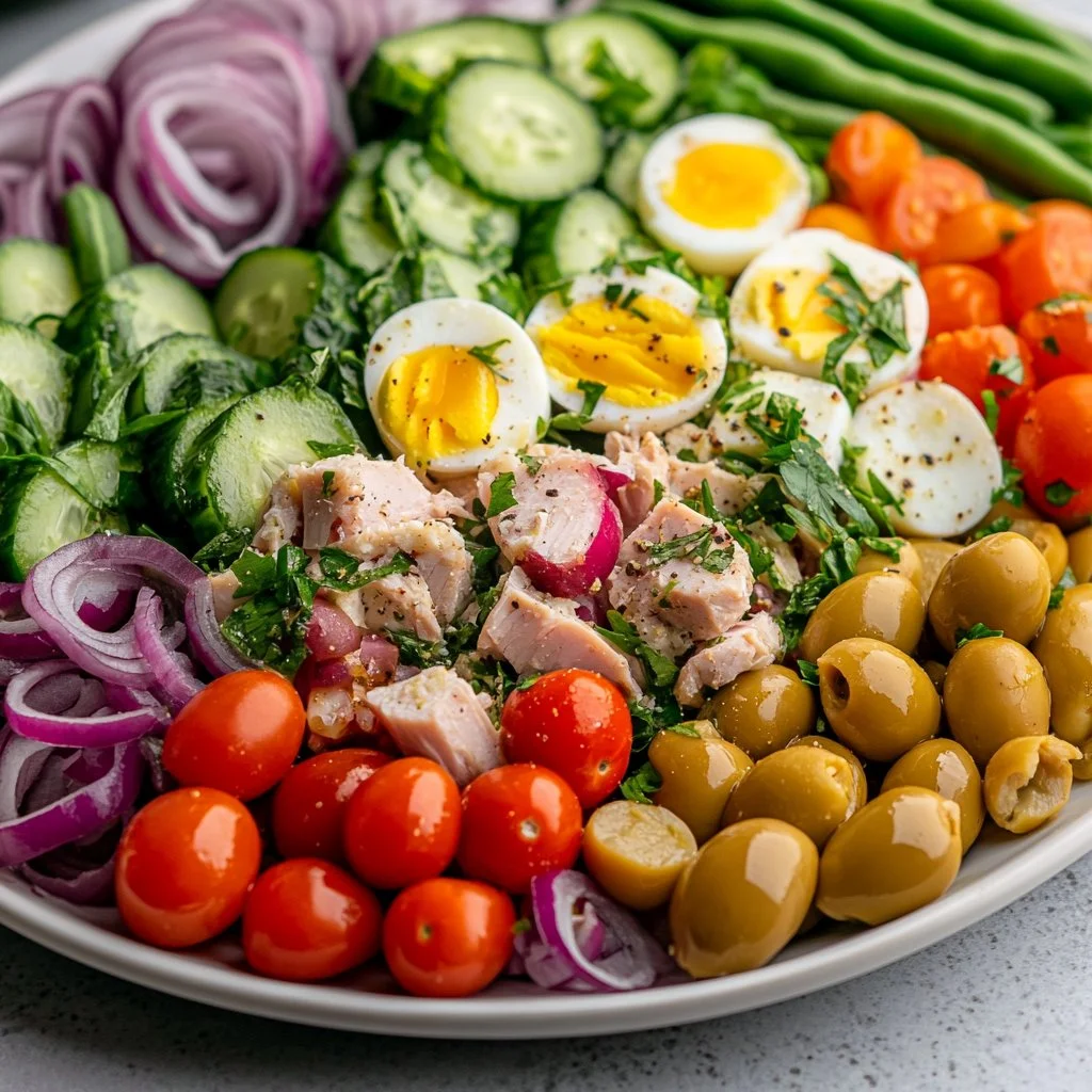 Colorful Niçoise Salad with tomatoes, olives, and hard-boiled eggs.