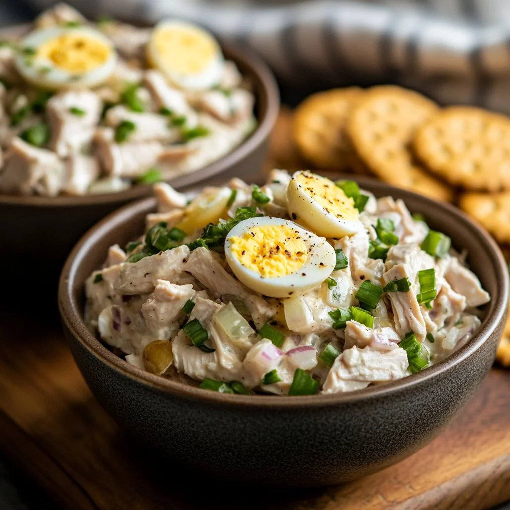 Old-fashioned chicken salad with eggs served on a plate with fresh greens.