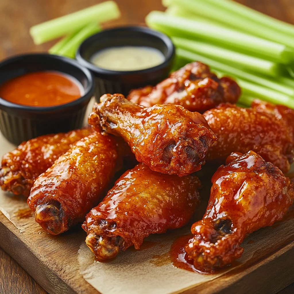 Crispy oven baked chicken wings served with dipping sauce