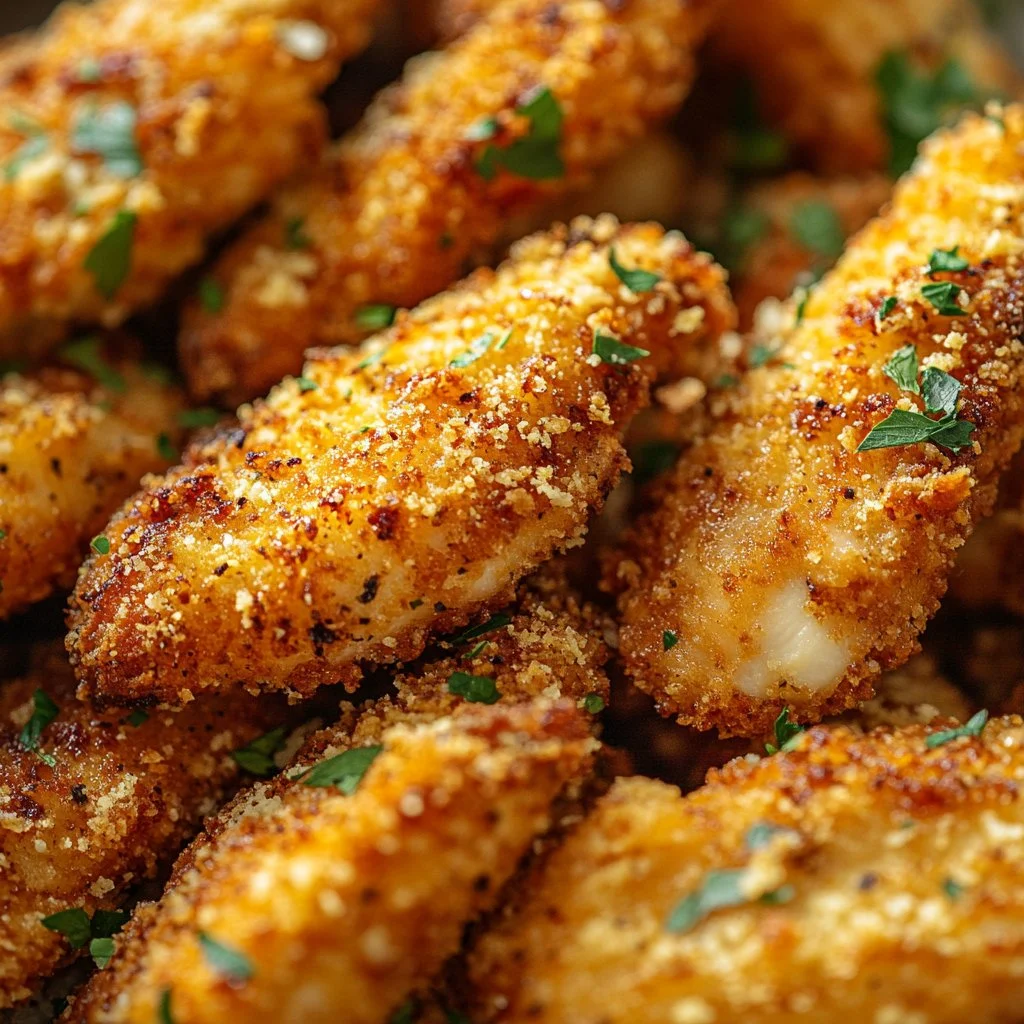Oven-baked crispy Parmesan chicken tenders on a plate