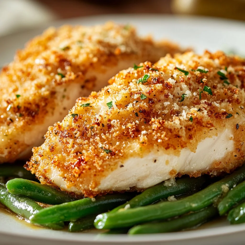 Parmesan Crusted Chicken garnished and ready to serve