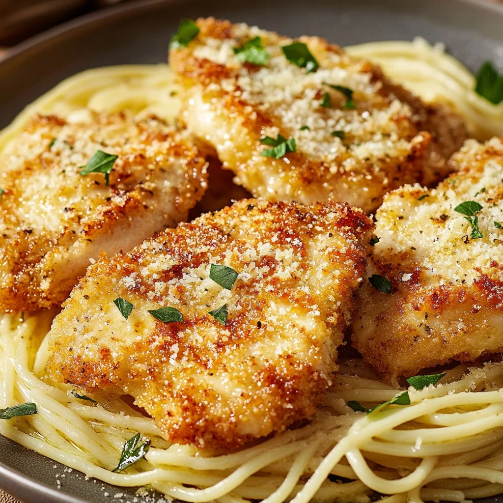 Deliciously crispy Parmesan crusted chicken served with herbs and lemon.