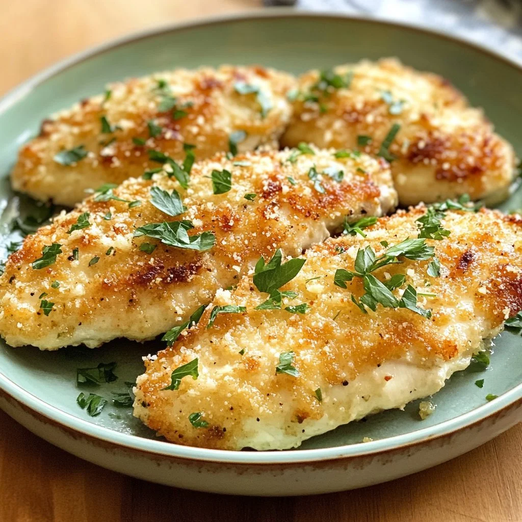 Deliciously crispy Parmesan Crusted Chicken served with fresh herbs