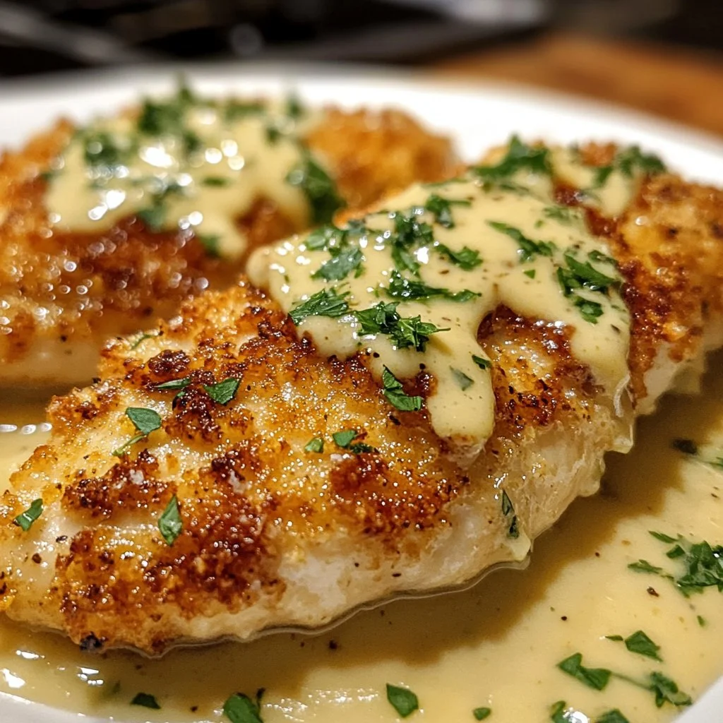 Parmesan Crusted Chicken with golden brown crust and herbs
