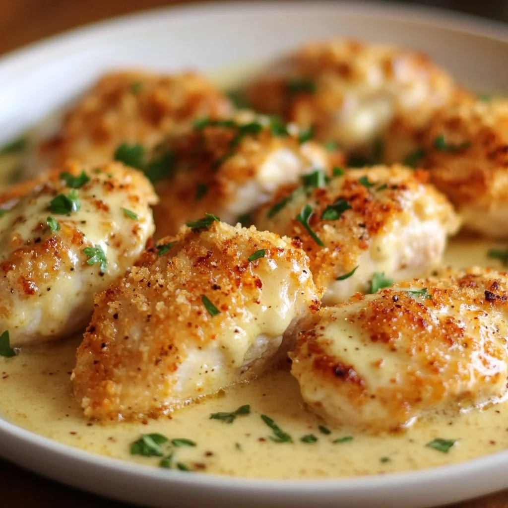 Parmesan Crusted Chicken served with Garlic Sauce on a plate