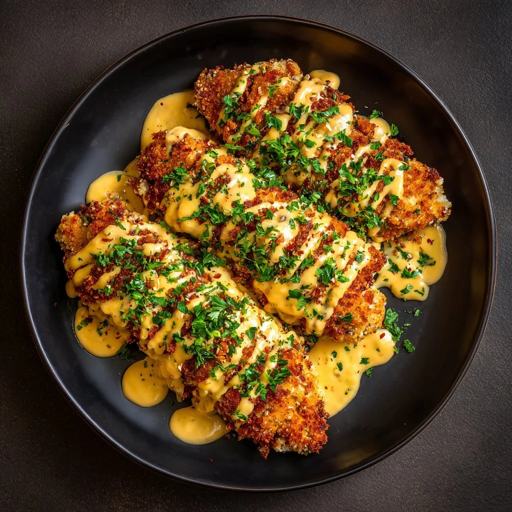 Crispy Pretzel Chicken topped with Mustard-Cheddar Sauce on a plate.