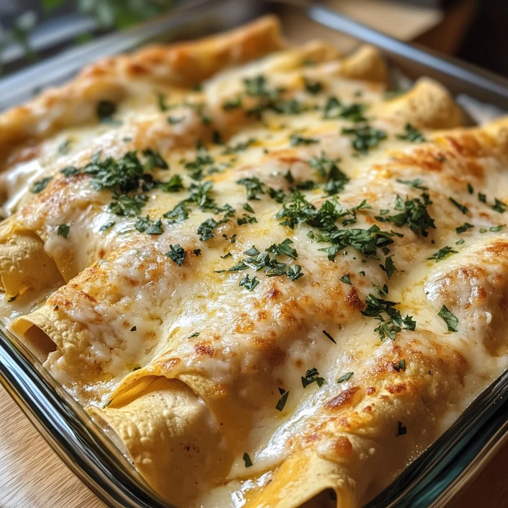 Delicious chicken enchiladas topped with creamy white sauce on a plate