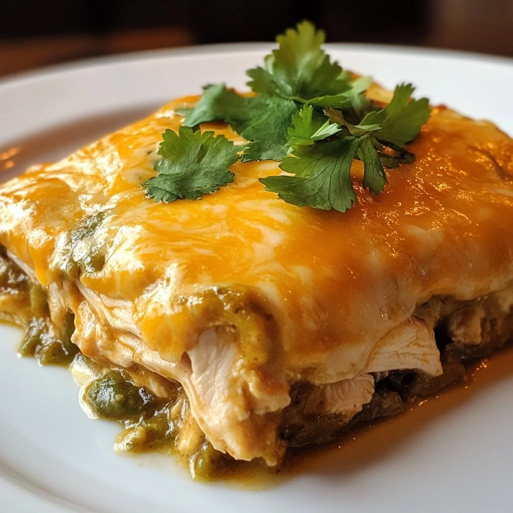Delicious green chile chicken enchilada casserole served in a baking dish
