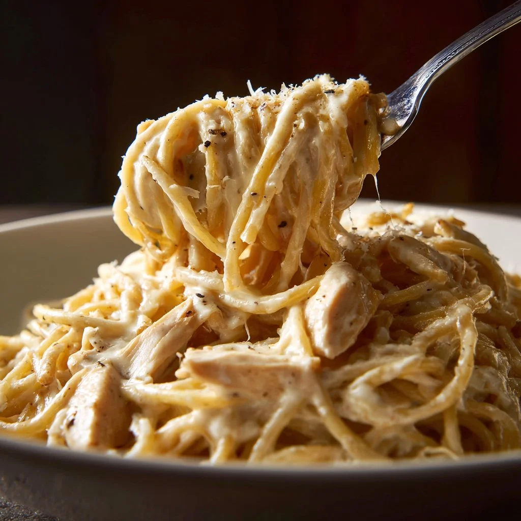 A bowl of creamy Ranch Chicken Spaghetti garnished with parsley.
