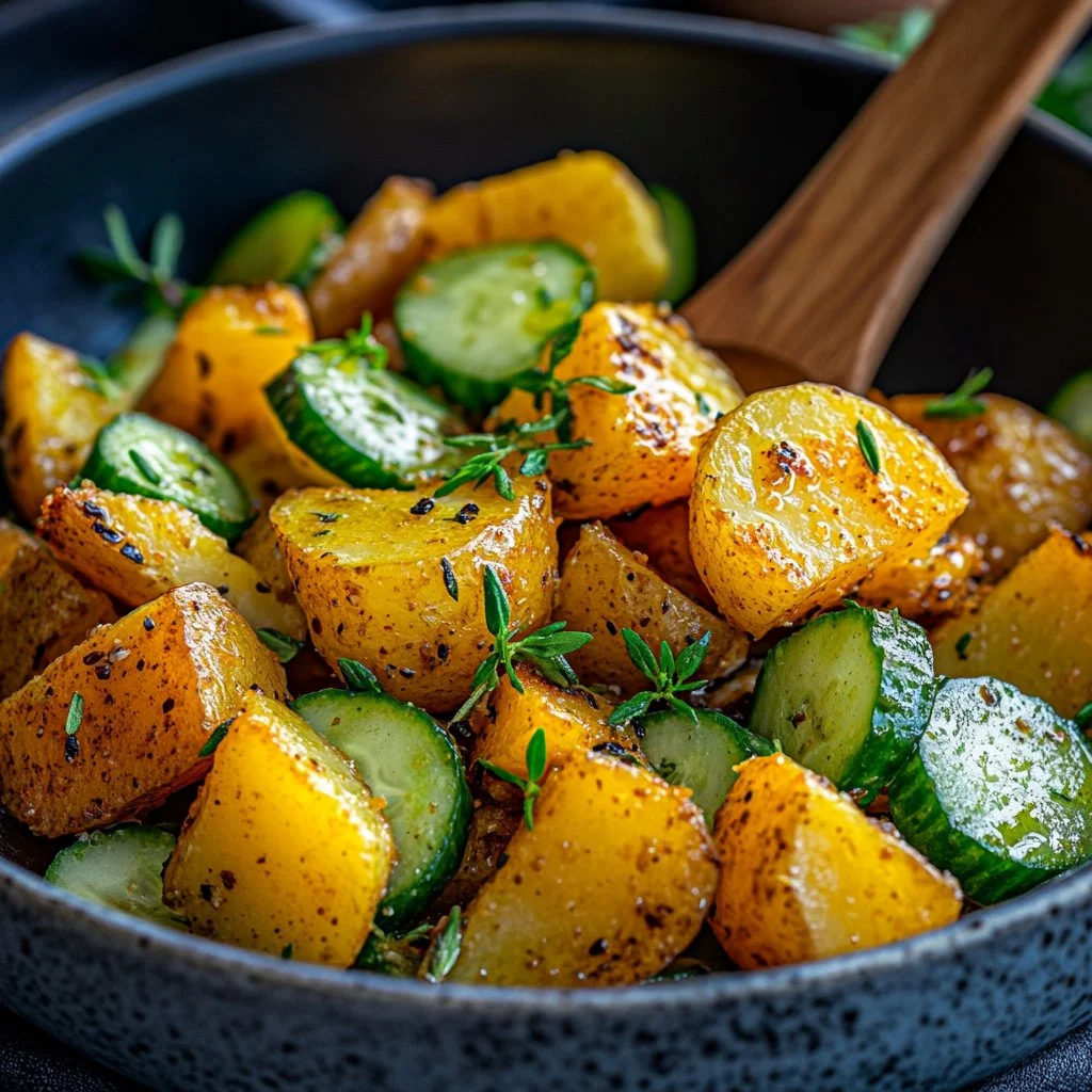Delicious roasted potato salad with vibrant herbs and vegetables