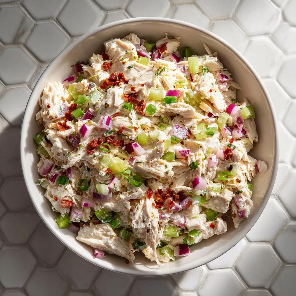 Healthy rotisserie chicken salad with fresh vegetables and dressing