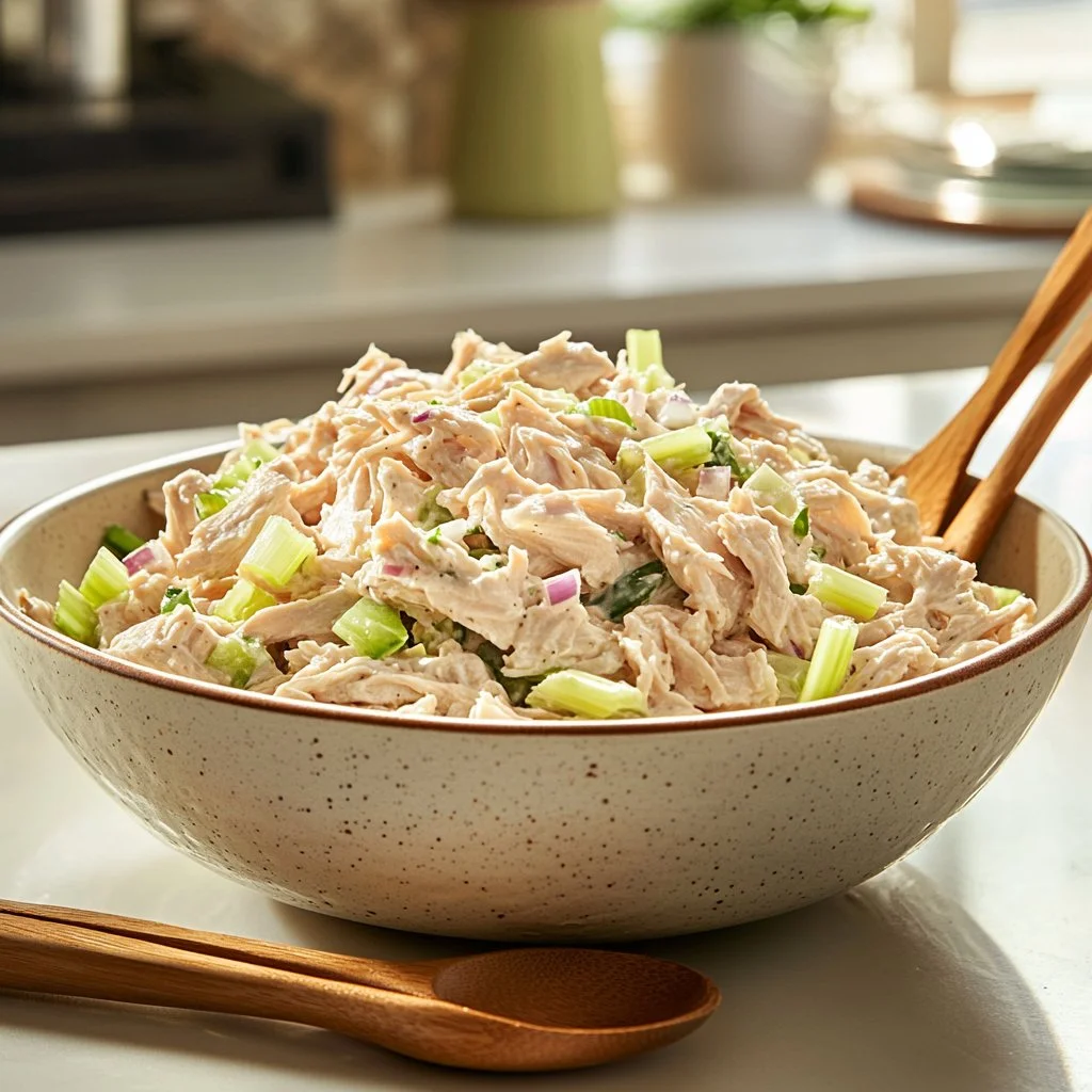 Rotisserie Chicken Salad with fresh vegetables and dressing served in a bowl