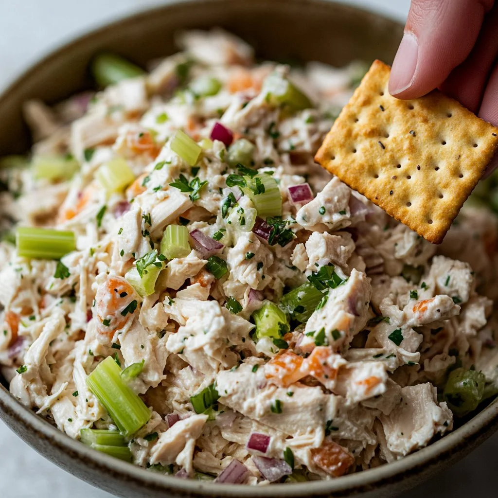 Delicious rotisserie chicken salad served in a bowl with fresh vegetables