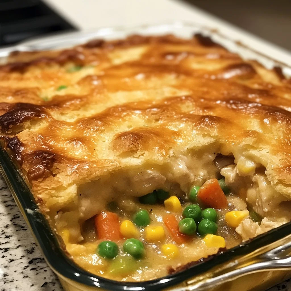 Delicious Savory Chicken Cobbler baked to golden perfection with a flaky topping.