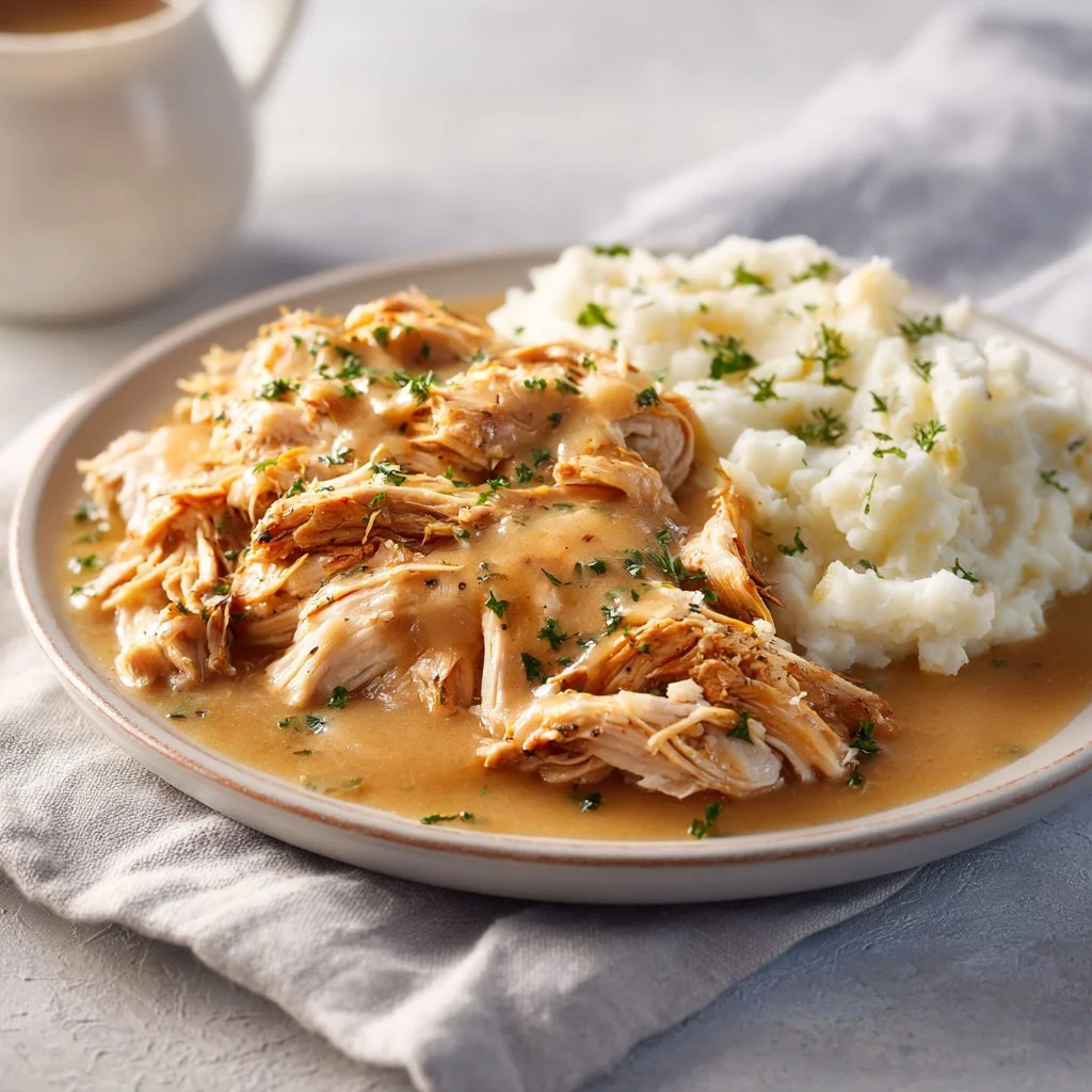 Plate of Shredded Chicken and Gravy served with sides