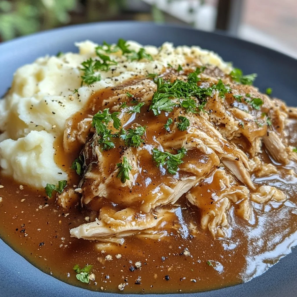 Delicious shredded chicken served with rich gravy over rice