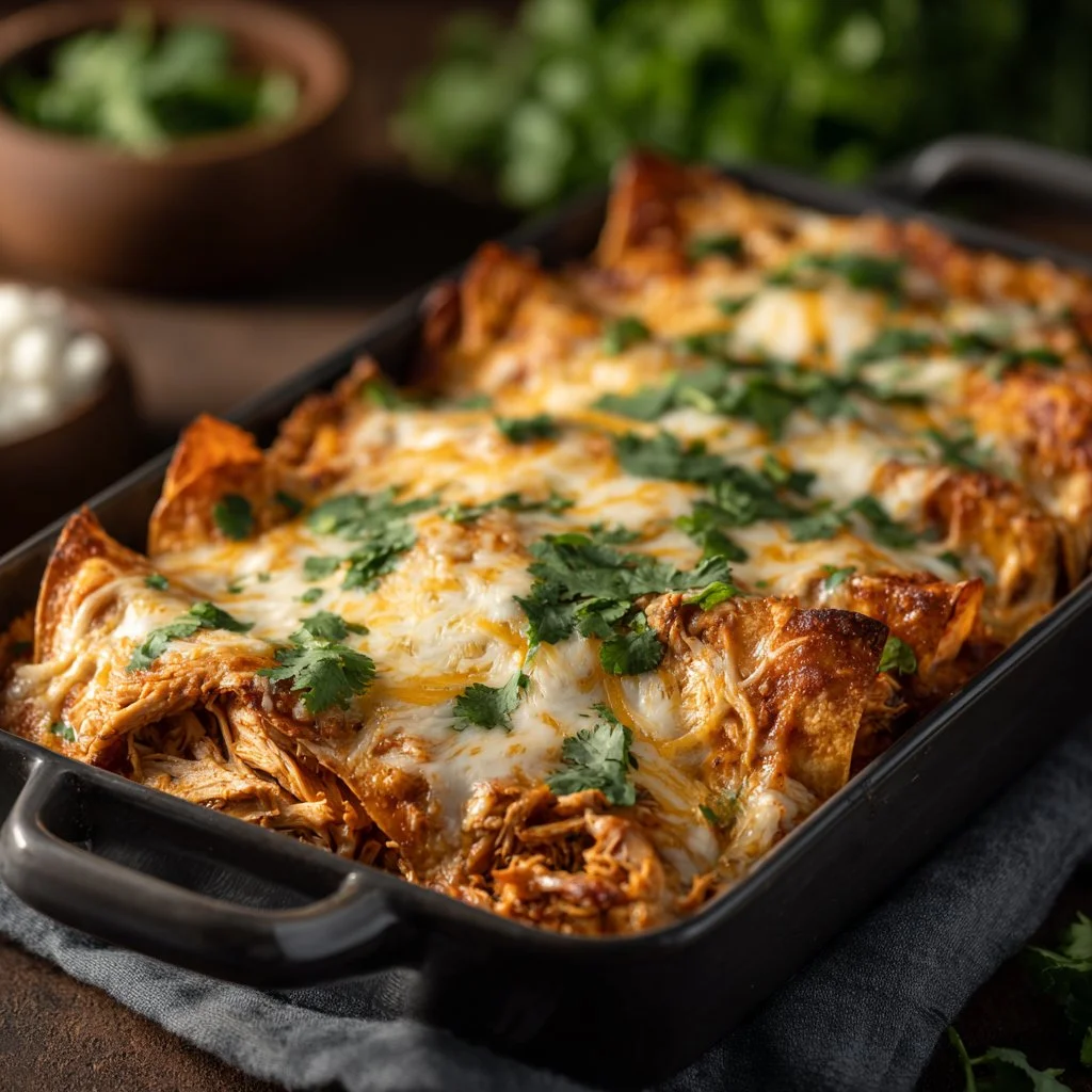 Delicious shredded chicken enchilada casserole topped with cheese and cilantro
