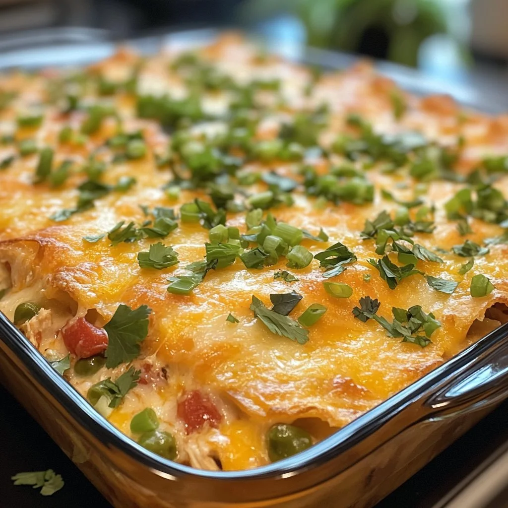 Delicious shredded chicken enchilada casserole topped with cheese and garnished.