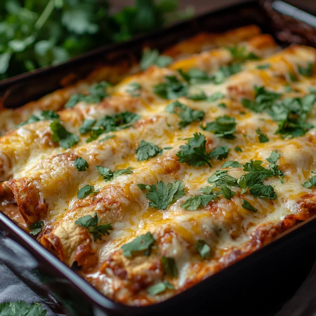 Delicious shredded chicken enchilada casserole topped with cheese and fresh herbs.
