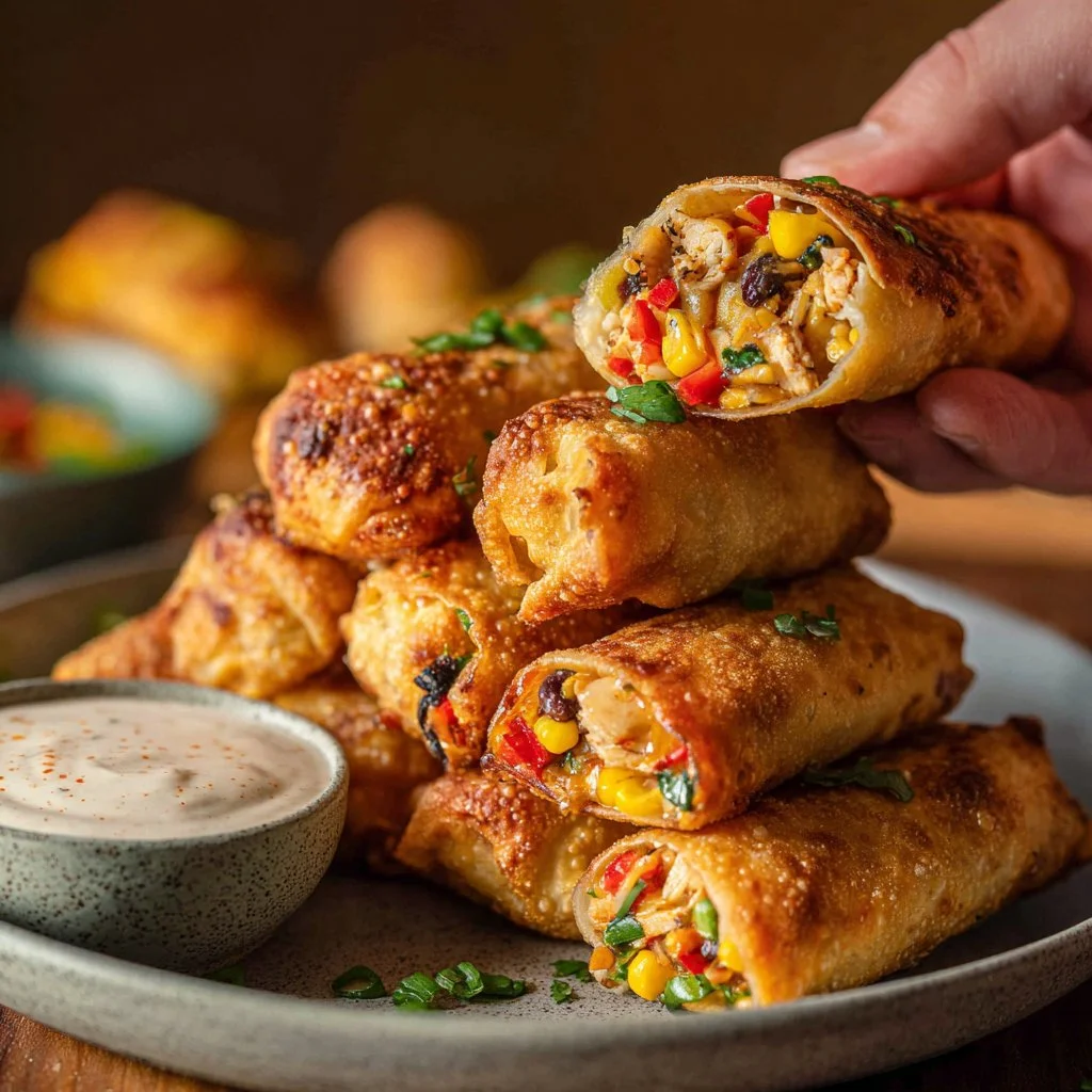 Delicious Southwest Chicken Egg Rolls served with dipping sauce