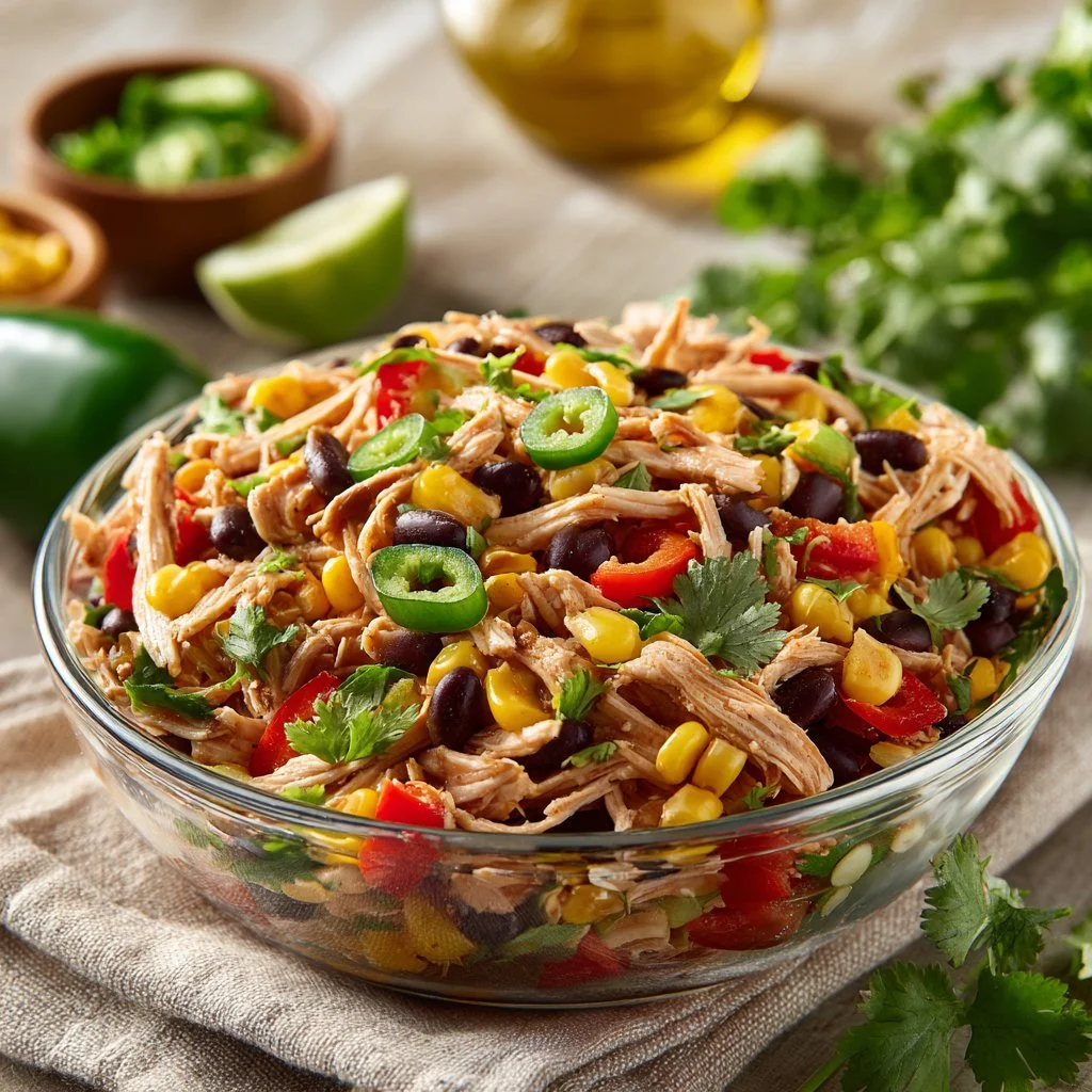 Southwest Shredded Chicken Salad with fresh ingredients and vibrant colors