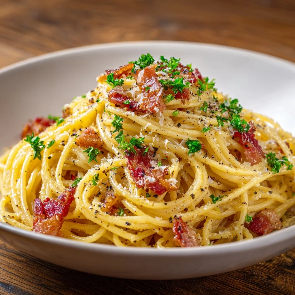 Delicious Spaghetti Carbonara topped with cheese and herbs